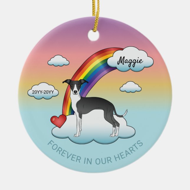 Black And White Italian Greyhound Rainbow Memorial Ceramic Tree Decoration (Front)