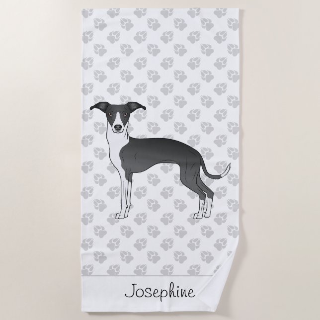 Black And White Italian Greyhound With Custom Name Beach Towel (Front)