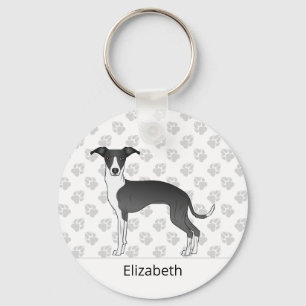 Black And White Italian Greyhound With Custom Name Key Ring