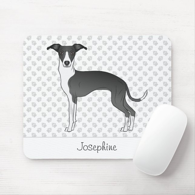 Black And White Italian Greyhound With Custom Name Mouse Mat (With Mouse)