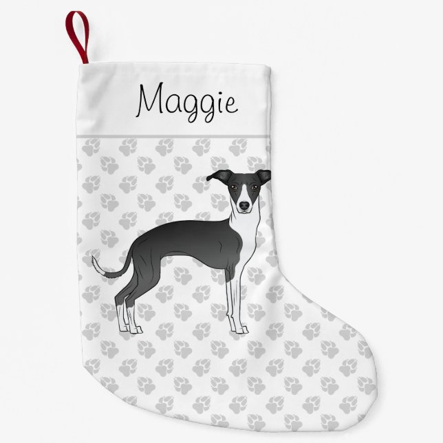 Black And White Italian Greyhound With Custom Name Small Christmas Stocking (Front)