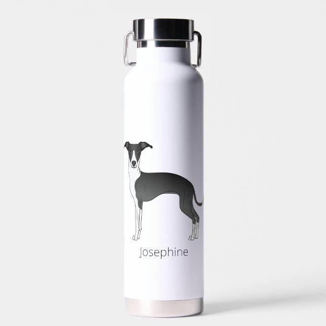 Black And White Italian Greyhound With Custom Name Water Bottle (Front)