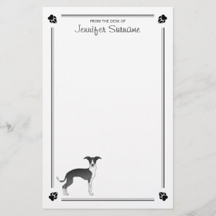 Black And White Italian Greyhound With Paws & Text Stationery