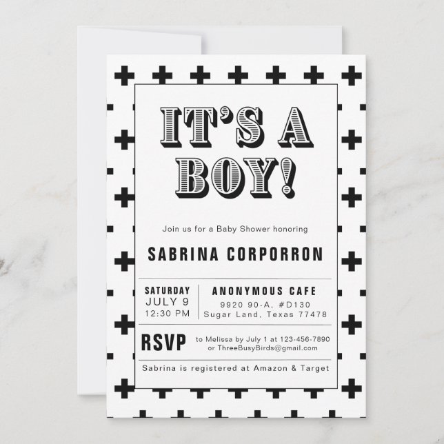 Black and White It's A Boy Baby Shower Invitation (Front)