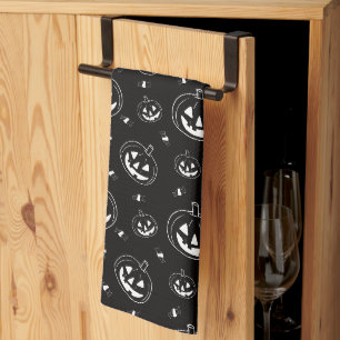 Black and White Jack-O' Lanterns Black Halloween Tea Towel