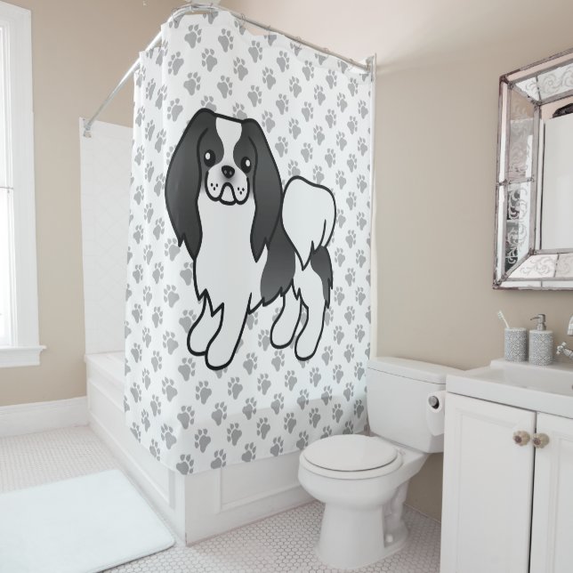 Black And White Japanese Chin Cartoon Dog & Paws Shower Curtain (In Situ)