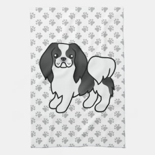 Black And White Japanese Chin Cartoon Dog & Paws Tea Towel