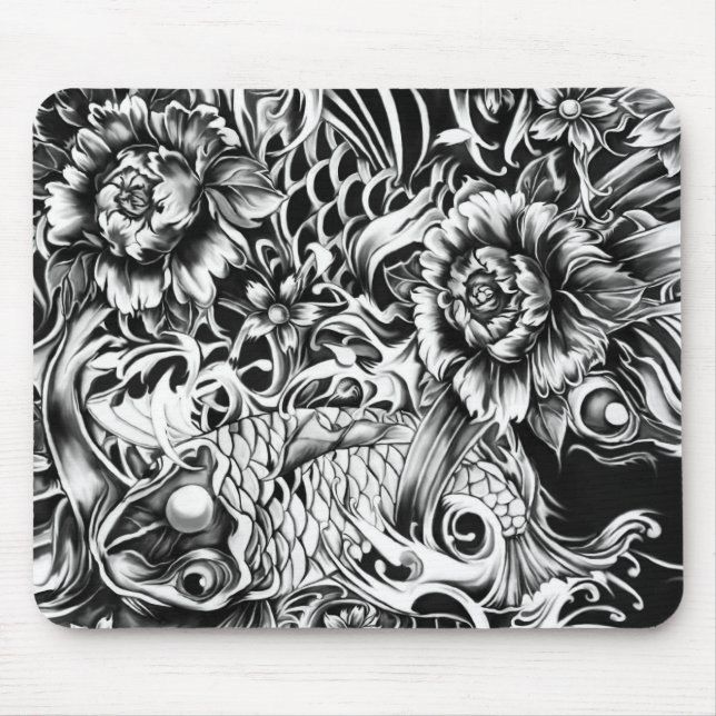 Black and white Japanese Koi tattoo art. Mouse Mat (Front)