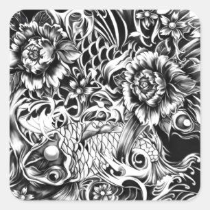 Black and white Japanese Koi tattoo art. Square Sticker