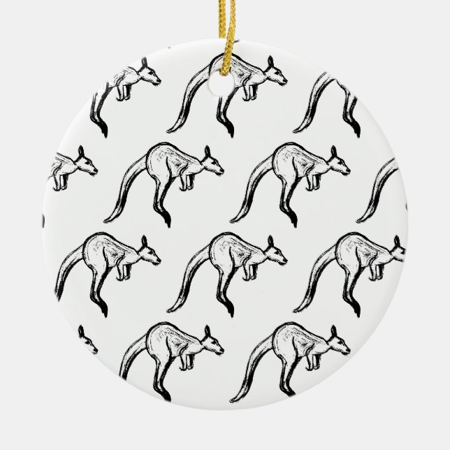 Black and White Jumping Kangaroo Sketch Ceramic Tree Decoration (Front)