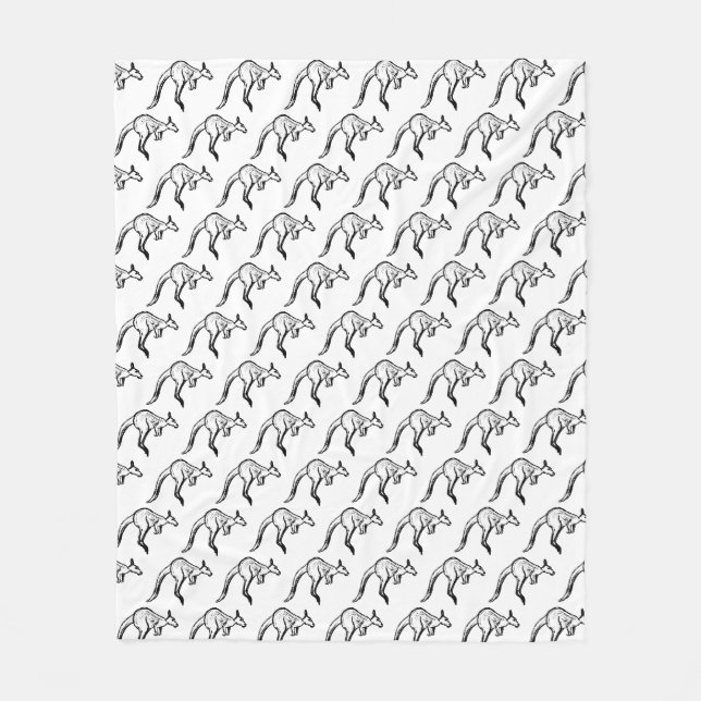 Black and White Jumping Kangaroo Sketch Fleece Blanket (Front)