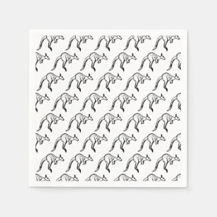 Black and White Jumping Kangaroo Sketch Pattern Napkin