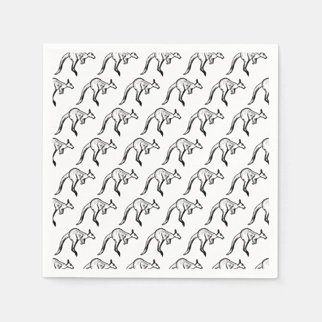 Black and White Jumping Kangaroo Sketch Pattern Napkin (Front)