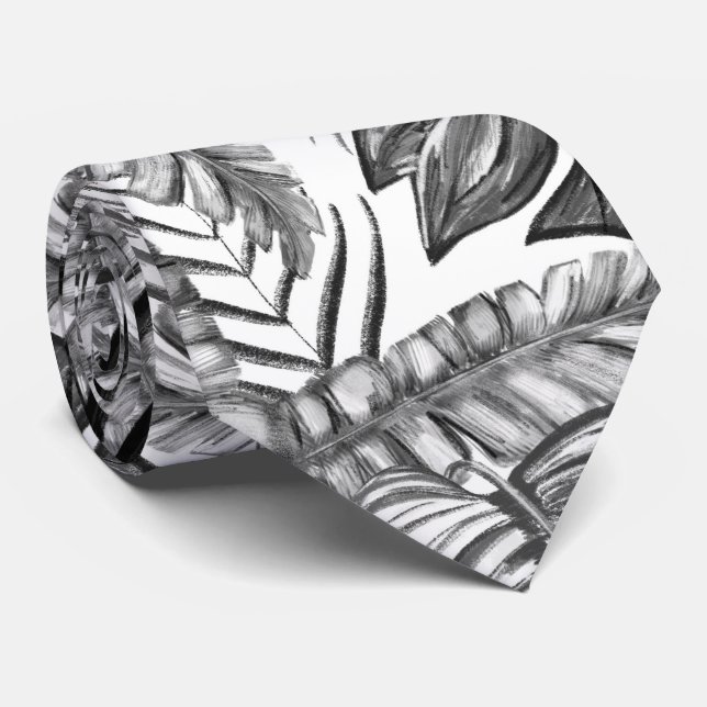 Black and white jungle leafs pattern, nature theme tie (Rolled)