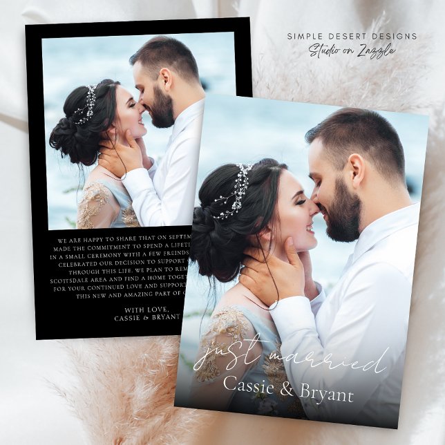 Black and White Just Married Elegant Wedding Photo Announcement (Modern Elegant Script Black and White 2 Photo Wedding Announcement with Just Married Message)