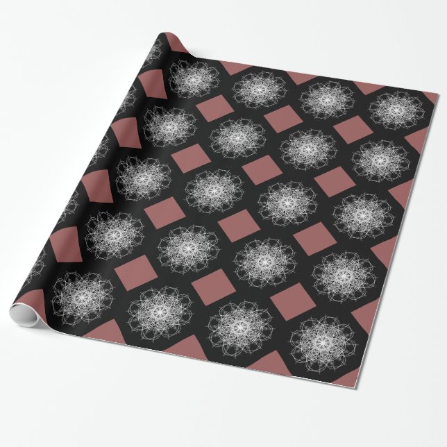 Black and White Kaleidoscope Flower Star Wrapping Paper (Unrolled)