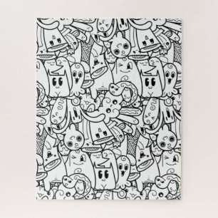 Black and White  Kawaii Halloween Monster Collage Jigsaw Puzzle