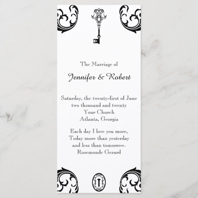 Black and White Key Wedding Program Programme (Front)