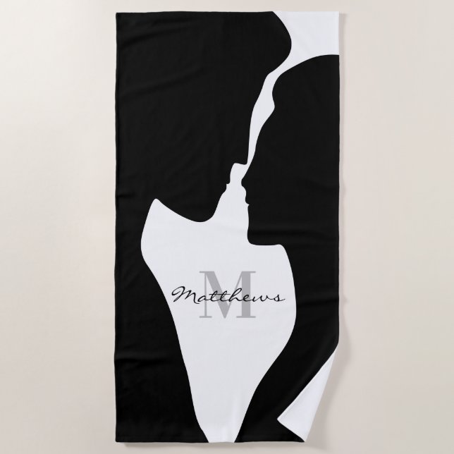 Black and white kissing couple silhouette monogram beach towel (Front)