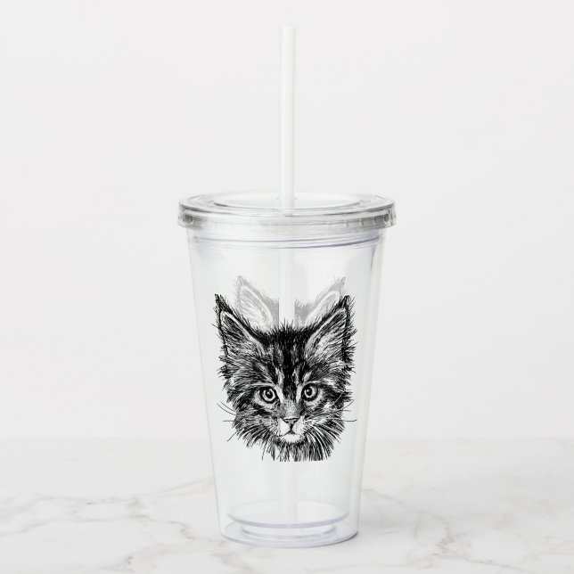 Black and White Kitten Face Acrylic Tumbler (Front)