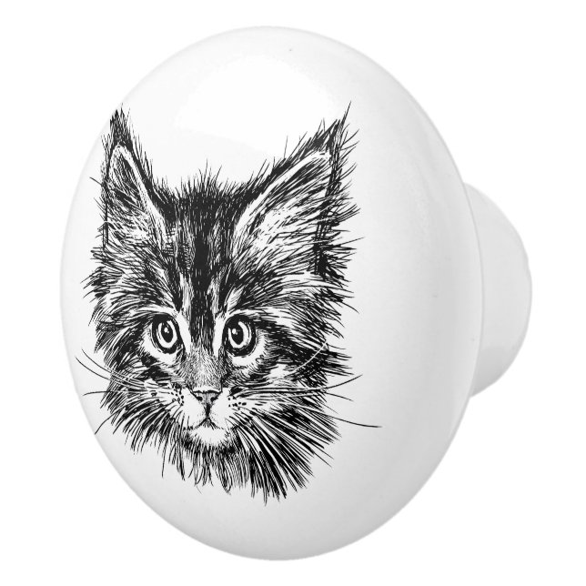 Black and White Kitten Face Ceramic Knob (Right)