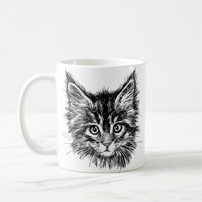 Black and White Kitten Face Coffee Mug (Left)