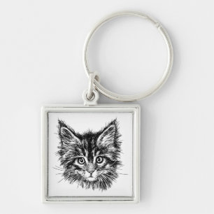 Black and White Kitten Face Key Ring