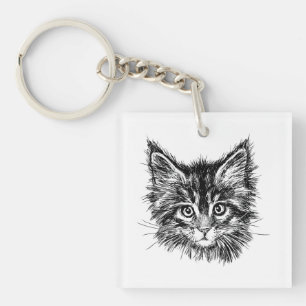 Black and White Kitten Face Key Ring