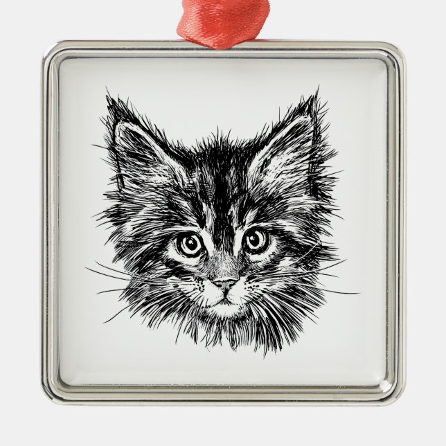 Black and White Kitten Face Metal Tree Decoration (Front)