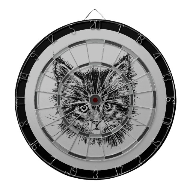 Black and White Kitten Face on Grey Dartboard (Front)