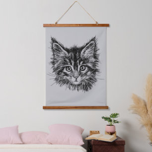 Black and White Kitten Face on Grey Hanging Tapestry