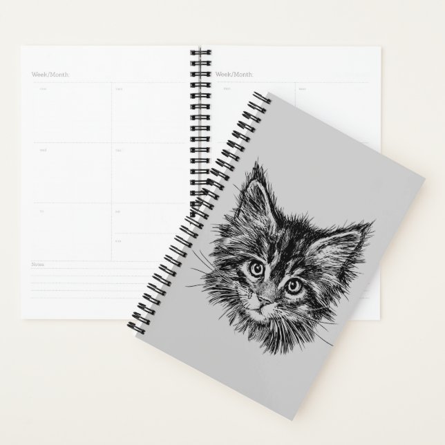 Black and White Kitten Face on Grey Planner (Display)