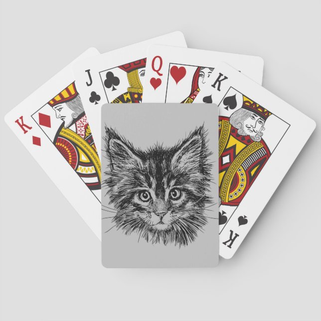 Black and White Kitten Face on Grey Playing Cards (Back)