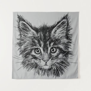 Black and White Kitten Face on Grey Tapestry