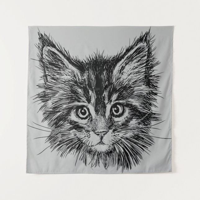 Black and White Kitten Face on Grey Tapestry (Front)