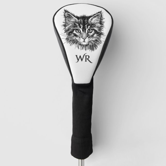 Black and White Kitten Face Personal Monogram Golf Head Cover (Front)
