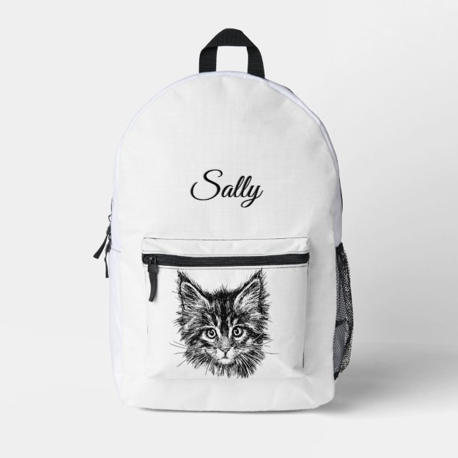 Black and White Kitten Face Personal Printed Backpack (Front)