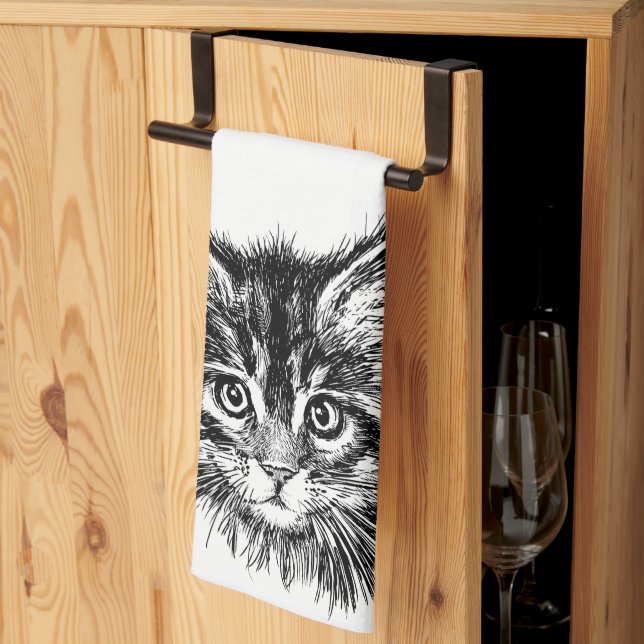 Black and White Kitten Face Tea Towel (Thirds Fold)