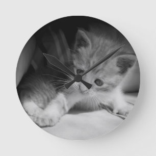 Black and White Kitten Photograph Round Clock