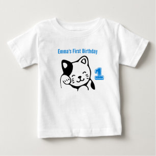 Black and White Kitty Cat Waving Hello Birthday Baby T-Shirt