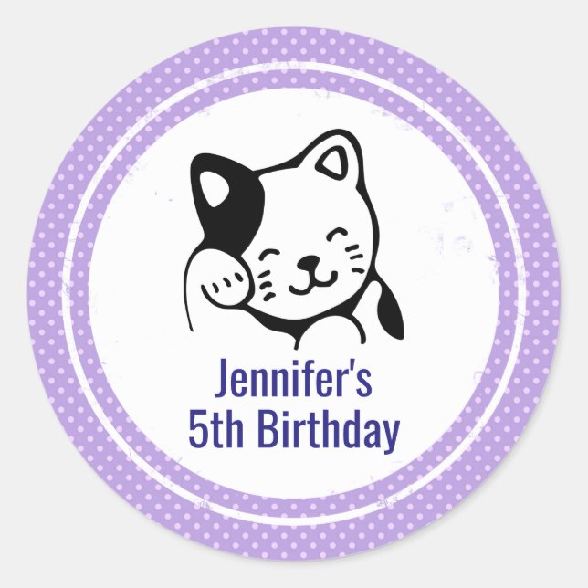Black and White Kitty Cat Waving Hello Birthday Classic Round Sticker (Front)
