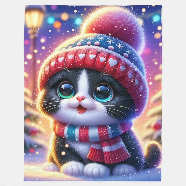  “Black and White Kitty’s First Christmas Outing” Fleece Blanket (Front)