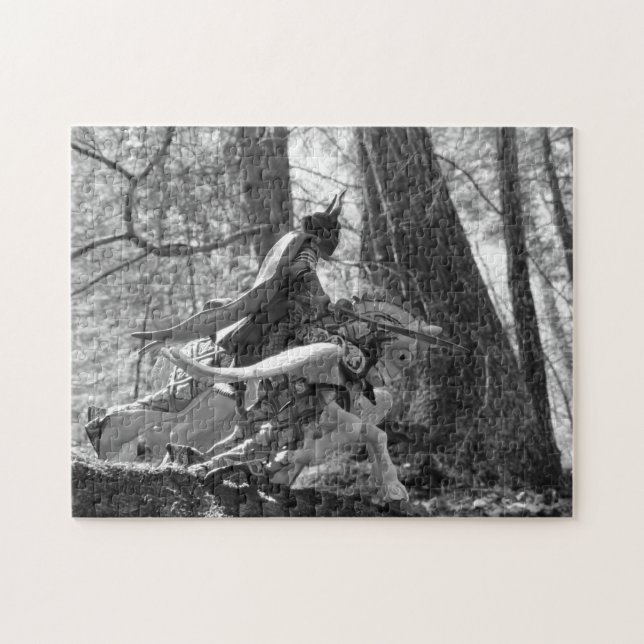Black and White Knight Galloping Through the Woods Jigsaw Puzzle (Horizontal)