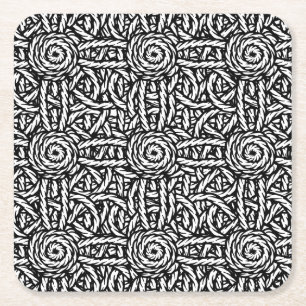 Black and white knots and ropes macrame style square paper coaster
