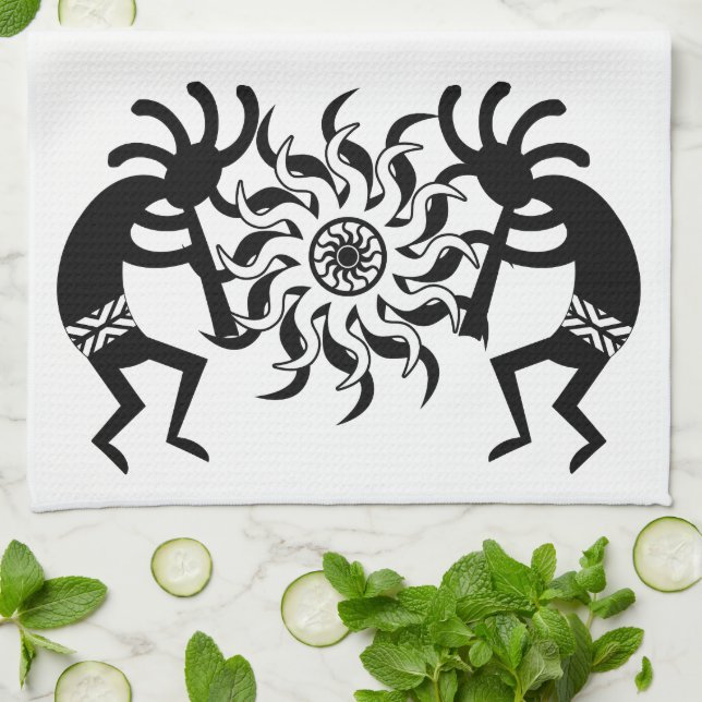 Black And White  Kokopelli Southwest Tribal Sun Tea Towel (Folded)