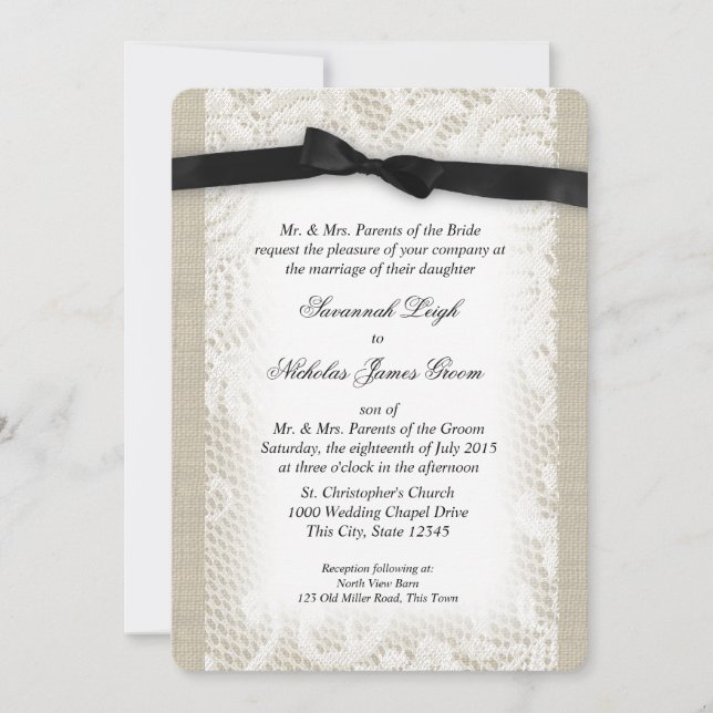 Black and White Lace and Bow Wedding Invitation (Front)