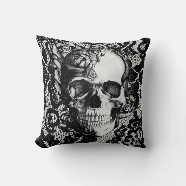 Black and white lace and roses skull cushion (Front)