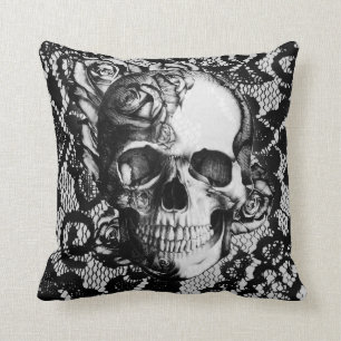 Black and white lace and roses skull cushion