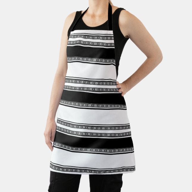 Black and white lace braid and horizontal stripes  apron (Insitu)