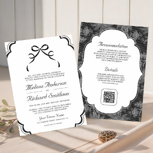 Black and White Lace Coquette Bow QR Code Wedding Invitation